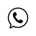 Phone and bubble icon. Black outline chat with handset.